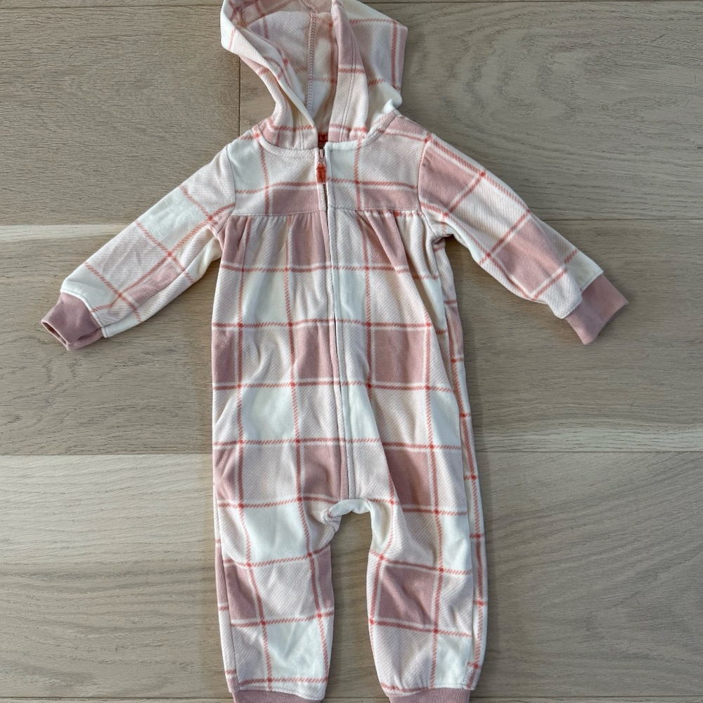 Carter's Fleece Winter Outfit or Pajamas 12 Months Dusty Pink Plaid Heart
